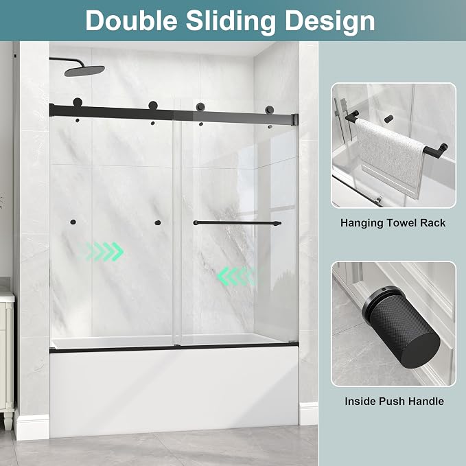 KPUY Frameless Tub Shower Door, 55-60" W x 60" H Double Sliding Bathtub Door - Image 5