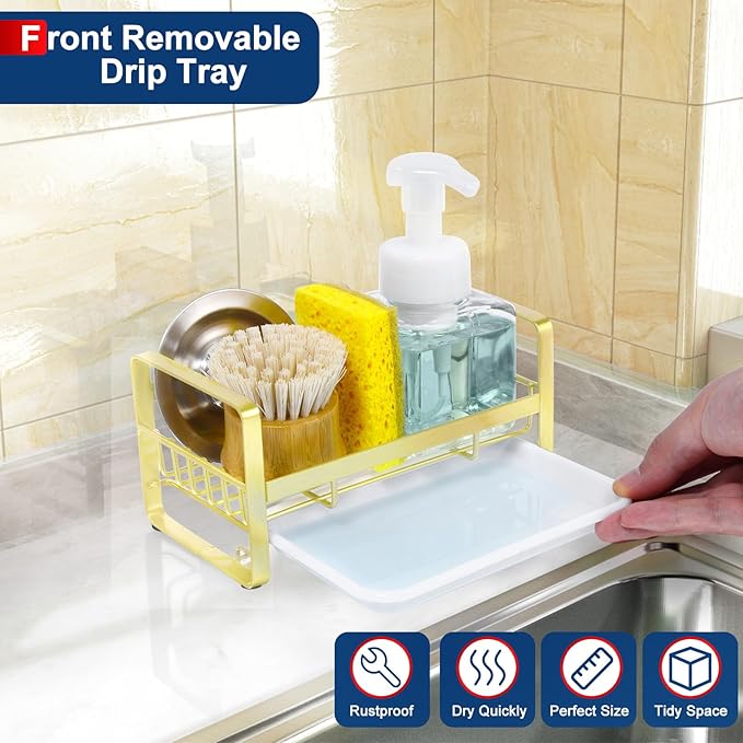 HULISEN Kitchen Sink Sponge Holder, 304 Stainless Steel Kitchen Soap Dispenser - Image 3