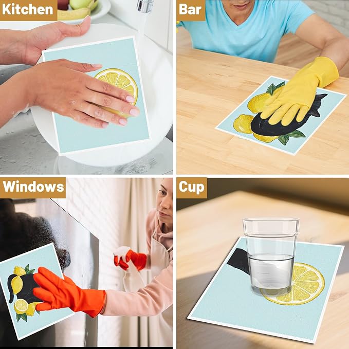 Swedish Dishcloths for Kitchen, 6 Pack Lemon and Balck Cat Reusable Dish Paper - Image 6
