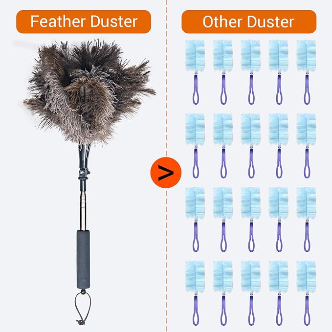 Luxury Black Curved Feather Duster, Extendable Ostrich Feather Cleaning Tool - Image 2
