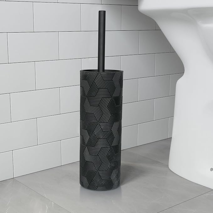Matte Black Geo Design Resin Toilet Bowl Holder and Brush Set, Stylish - Image 6