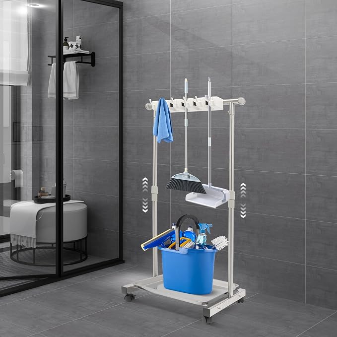 Broom Holder Organizer Movable Closet Storage Cabinet Mop Rack, Floor Standing - Image 2