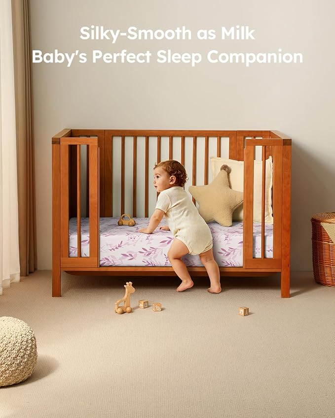 Baby Crib Sheets for Boys Girls, 28x52x8in Fitted Crib Sheet Neutral 3 Pack for Standard Crib and Toddler Mattress, Breathable Soft Microfiber Baby Sheet Purple Leaf