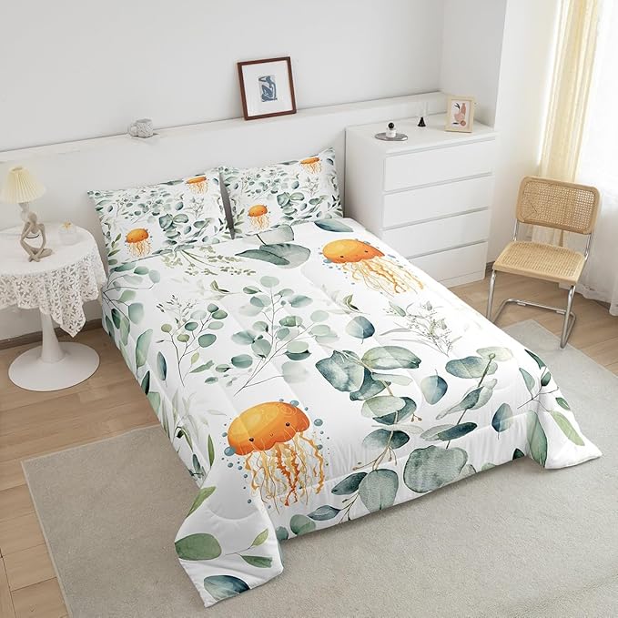Erosebridal Kawaii Jellyfish Bedding Queen Size for Boys Girls Cartoon Animal Comforter Set Queen, Eucalyptus Leaves Duvet Insert Ocean Wildlife Quilt Set, Tropical Plants Bedding Comforters & Sets