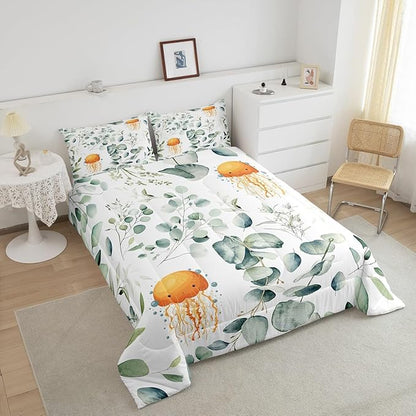 Erosebridal Kawaii Jellyfish Bedding Queen Size for Boys Girls Cartoon Animal Comforter Set Queen, Eucalyptus Leaves Duvet Insert Ocean Wildlife Quilt Set, Tropical Plants Bedding Comforters & Sets