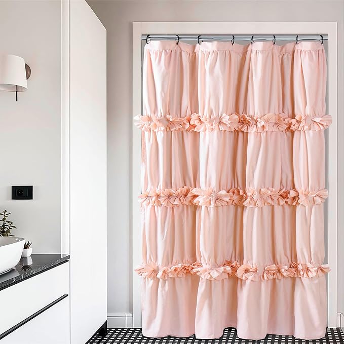 Peach Pink Ruffle Shower Curtain, Vintage Handcrafted Bow Tie Bath Curtain - Image 2