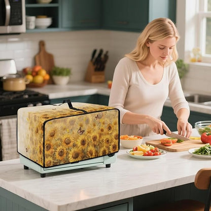 Microwave Oven Cover Dustproof Air Fryer Toaster Oven Protector with Storage Pockets, Stain-resistant Small Appliance Cover for Kitchen Decor, M, Sunflower Butterfly