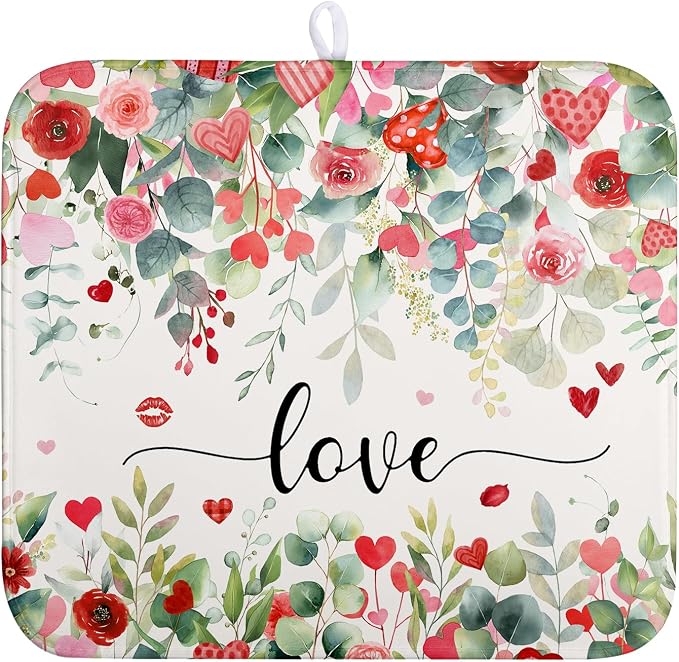 Valentines Day Love Heart Rose Eucalyptus Leaves Dish Drying Mat by Wnoesat