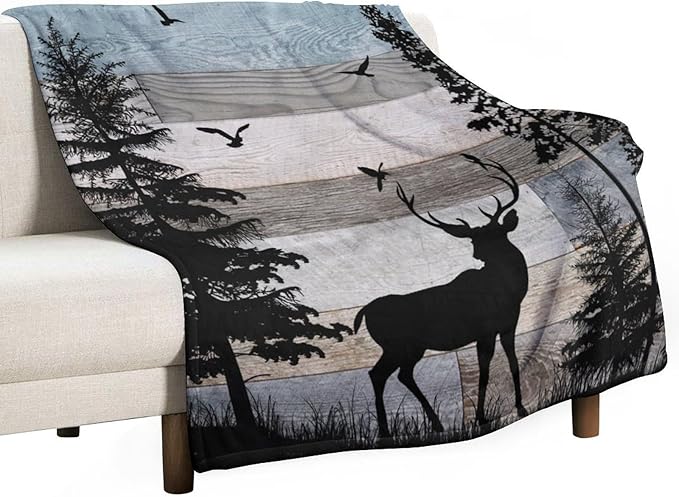 Rustic Deer Throw Blanket, Retro Cabin Farmhouse Country Lodge Blue Brown Wooden Board Wild Forest Animals Deer Bird Print Warm Cozy Blanket for Bed Couch Sofa Travel, 30"x40"