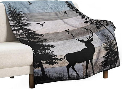 Rustic Deer Throw Blanket, Retro Cabin Farmhouse Country Lodge Blue Brown Wooden Board Wild Forest Animals Deer Bird Print Warm Cozy Blanket for Bed Couch Sofa Travel, 30"x40"