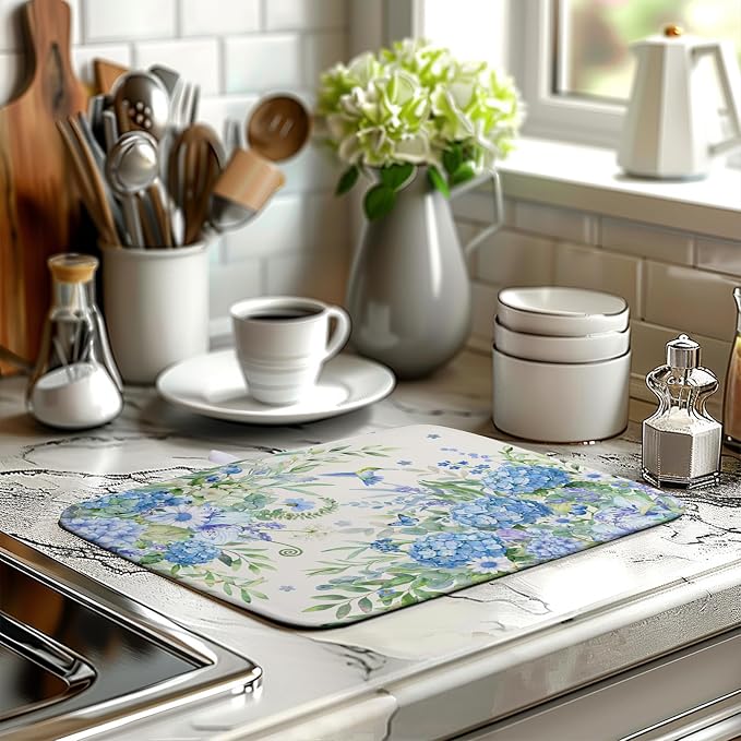 Blue Hydrangea Dish Drying Mat for Kitchen Counter 16 x 18 Inch Spring Floral - Image 6