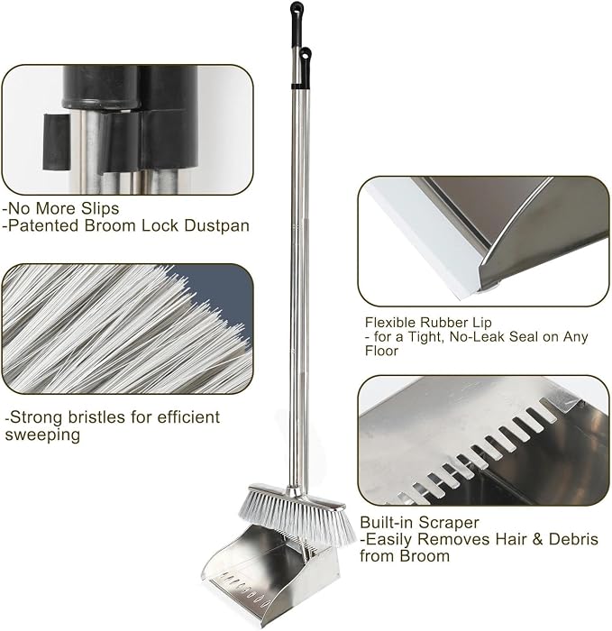 Metal Dustpan with Broom Set, Long Handle Stainless Steel Dustpan, Heavy Duty - Image 4