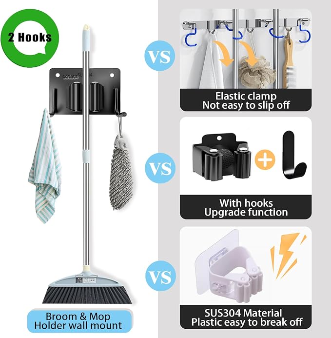 Mop and Broom Holder Wall Mount Stainless Steel 304 Tool Garage Organization - Image 3