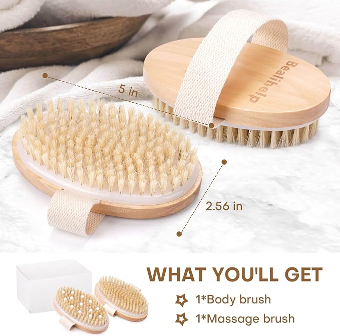 2 Pack Dry Brushing Body Brush, Natural Bristle Exfoliating Brush - Image 2