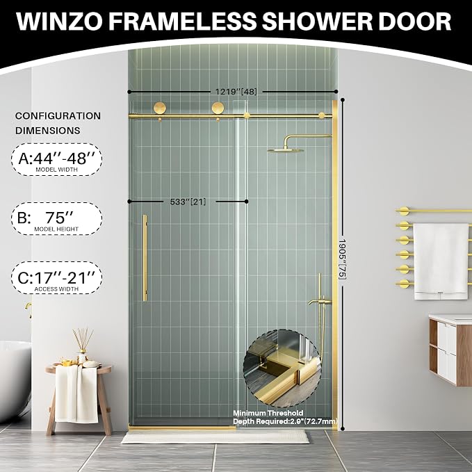 WinZo Frameless Shower Door 44-48 in W x 75 in H, Sliding Shower Door - Image 8