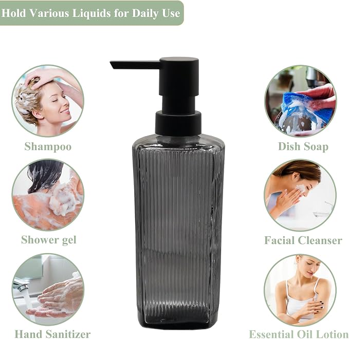 Grey Glass Soap Dispenser with Black Plastic Pump, 12oz Lotion Dish Dispenser - Image 4