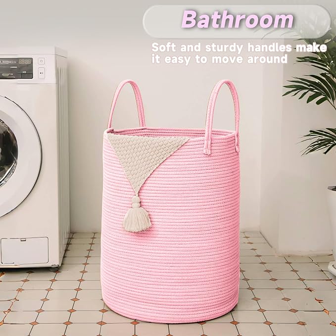 Large Woven Laundry Basket Hamper, 60L Cotton Rope Storage Bin - Image 5