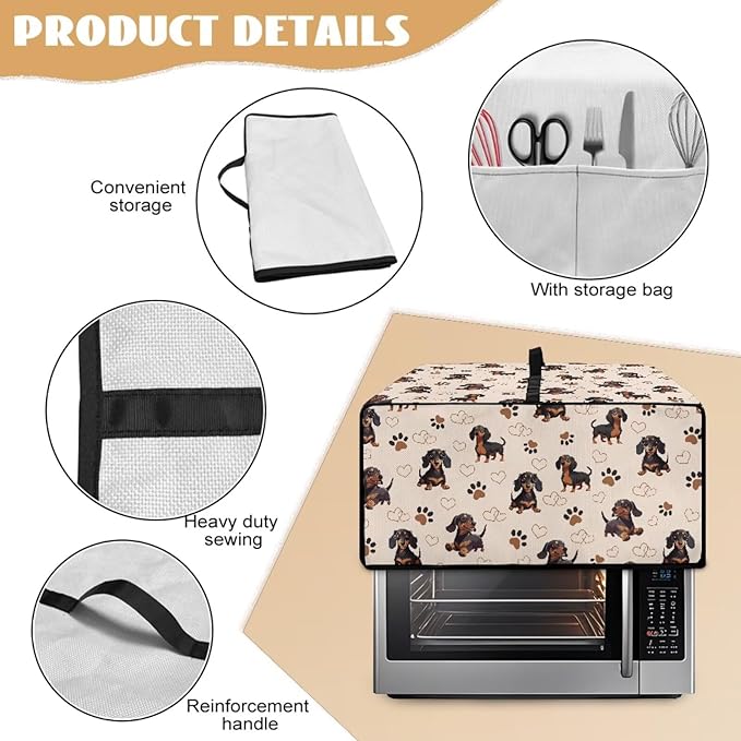 Dachshund Dog Heart Paw Print Toaster Oven Cover with Storage Bags Waterproof Dust Cover for Microwave Oven Polyester-Linen Fabric Small Appliance Dust Covers Fits Most Microwaves, L