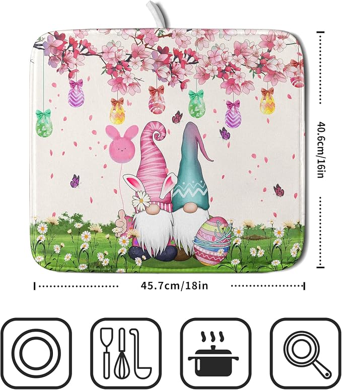 Giwawa Easter Gnome Dish Drying Mat Floral Eggs Bunny Kitchen Drainer Mat 16x18 - Image 2