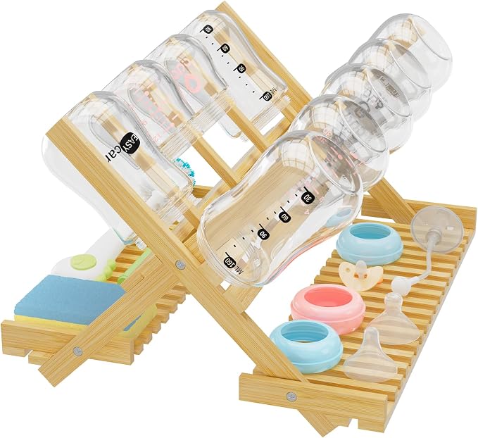 DSVENROLY Baby Bottle Drying Rack Foldable Vertical Bamboo Milk Bottle and by Unknown