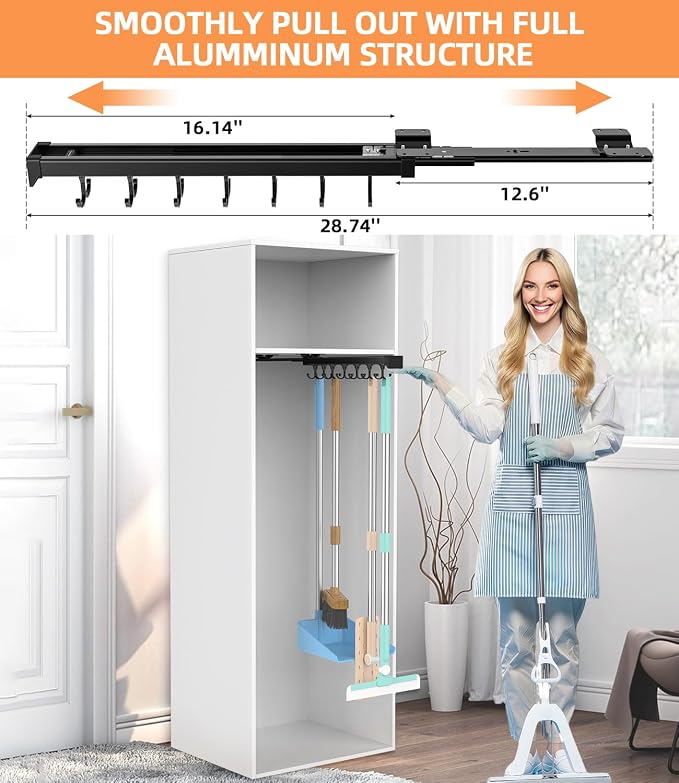 Pull Out Broom Holder With Adjustable Double Row Sliding Hook, - Image 3