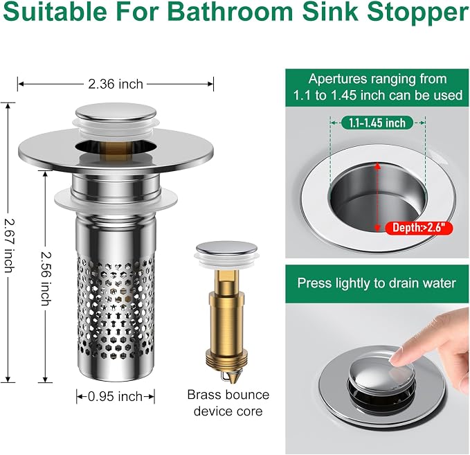 ​Bathroom Sink Drain Strainer, Universal Pop-Up Sink Stopper Hair Catcher - Image 2