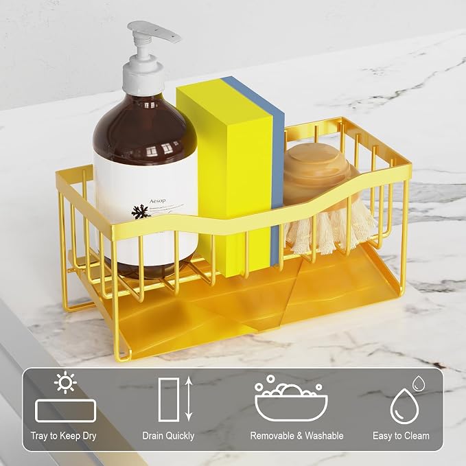 Vanwood Sink Organizer with Auto Draining Tray, Cocina Sponge Caddy and Dish - Image 3
