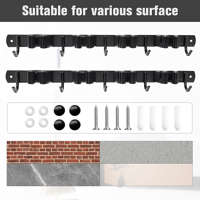 2 Pack Mop and Broom Holder Wall Mount 4 Racks and 5 Hooks Broom Organizer - Image 6