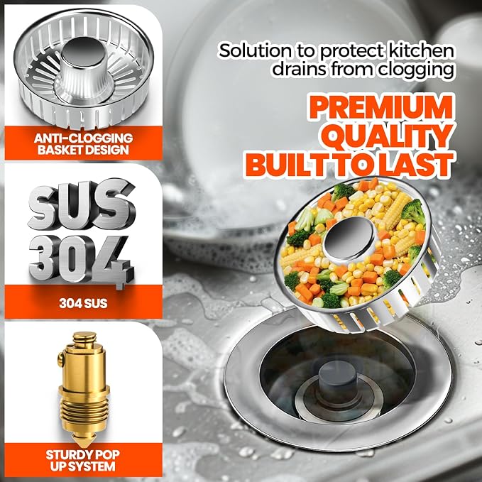 Kitchen Sink Drain Strainer & Sink Stopper, Upgraded 3 in 1 Stainless Steel - Image 3