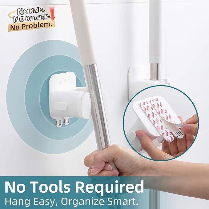 TAILI Mop and Broom Holder Wall Mount Grippers, 3 Hangers and 8 Adhesive Strips - Image 2