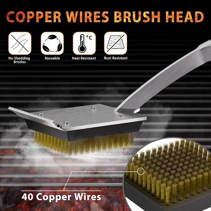 ENLOY Grill Brush and Scraper for Barbecue, Extended Rosewood Handle and 2 - Image 3
