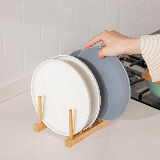 HBlife Bamboo Dish Plate Bowl Cup Book Pot Lid Cutting Board Drying Rack Stand - Image 4