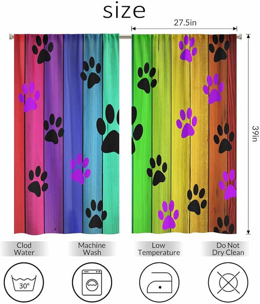Dog Paws Kitchen Curtains Cute Puppy Paws Colorful Wood Board Short Tier - Image 2