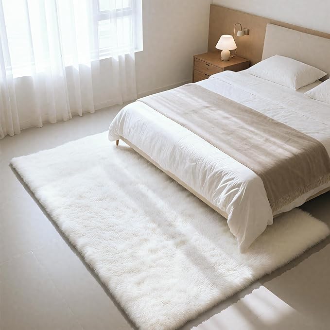 Fluffy Rug Shaggy Area Rug, White 8x10 Area Rugs for Living Room, Large Shag Area Rugs for Bedroom Kids Room Home Decor, Upgrade Anti-Skid Rectangular Fuzzy Rugs