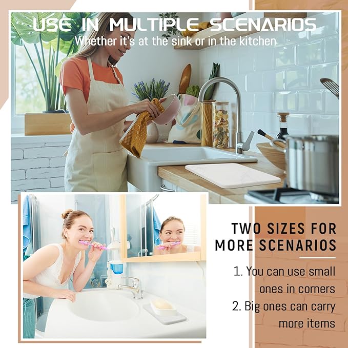 4 Pcs Absorbent Diatomaceous Dish Drying Mat Set White Non Slip 12x8in ＆ 9x3in - Image 5