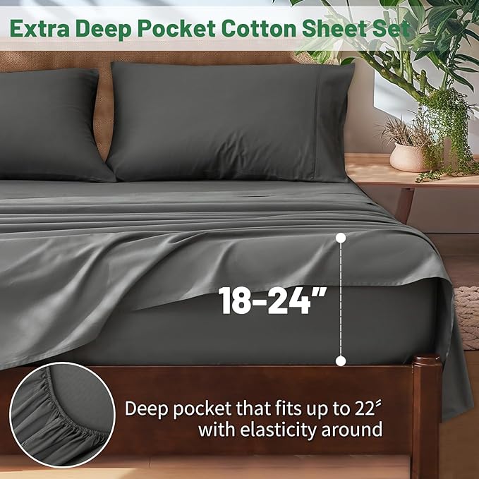 Extra Deep Pocket King Sheets 18-24 Inch 100% Egyptian Cotton 1000 Thread Count Sateen Weave Soft Breathable 4 Pieces（King，Dark Grey）
