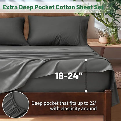 Extra Deep Pocket King Sheets 18-24 Inch 100% Egyptian Cotton 1000 Thread Count Sateen Weave Soft Breathable 4 Pieces（King，Dark Grey）