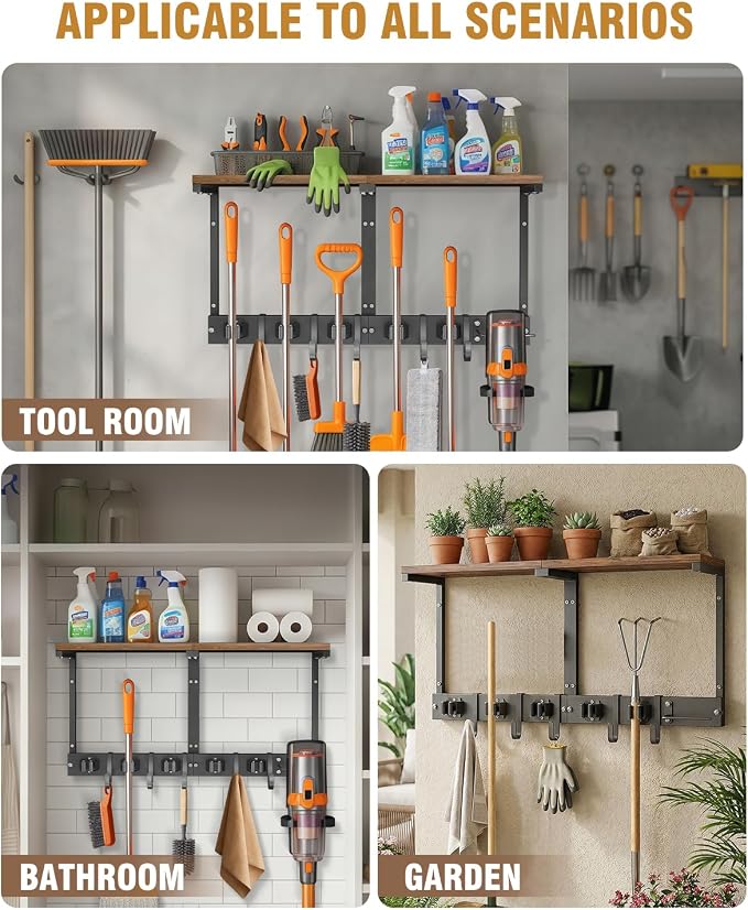 Broom Holder Wall Mount with Top Wooden Shelf, Heavy Duty Metal Cleaning - Image 6