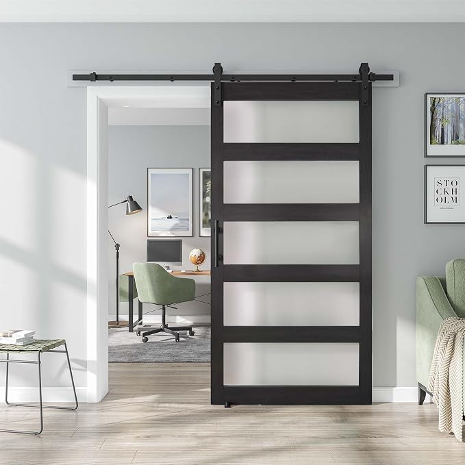 42'' x 84'' Glass Barn Door and 7 Ft Hardware Kit Included, MDF White Barn Door by ALAMEDADT