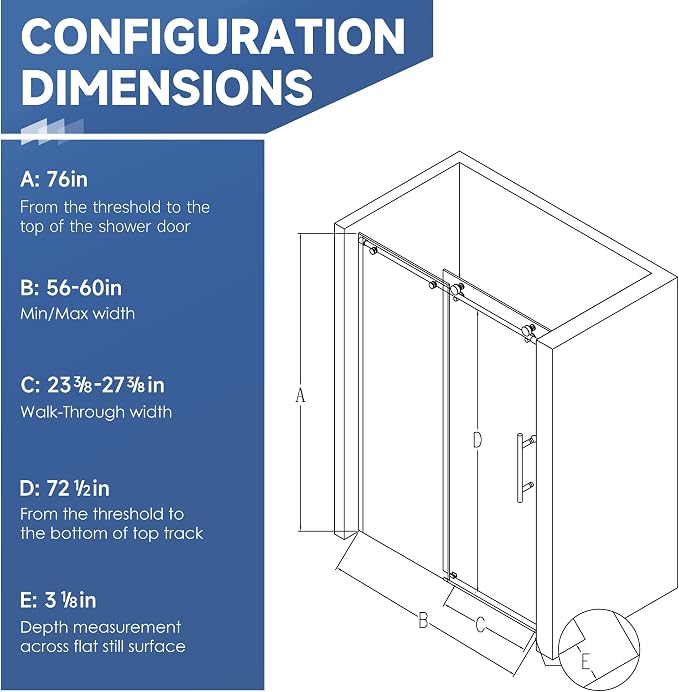 Frameless Sliding Shower Door 56-60" W x 76" H, 1/4" Tempered Glass Matte Black - Image 7