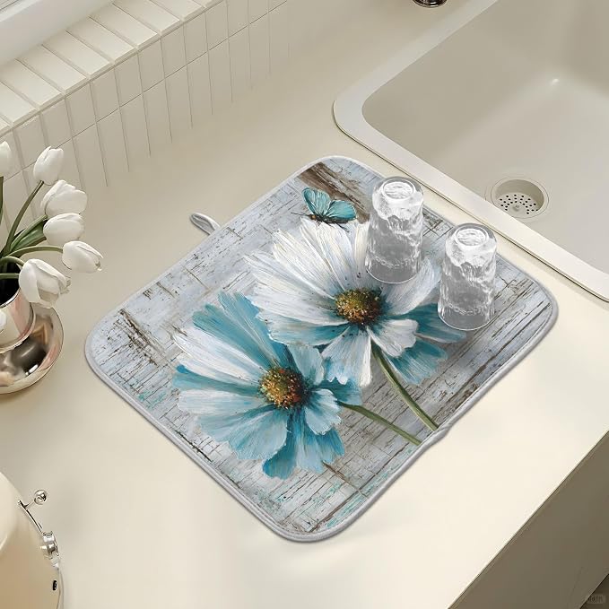 Rustic Teal White Daisy on Vintage Wooden Dish Drying Mat - Image 7