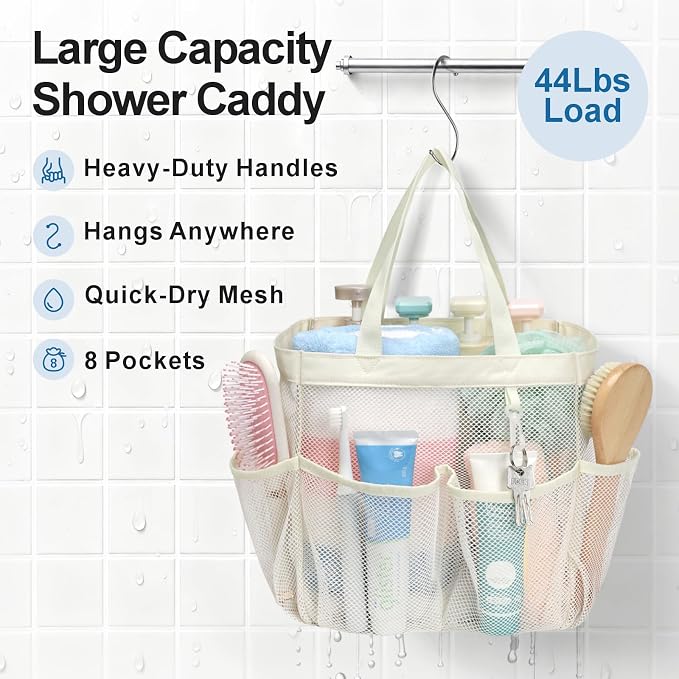 F-color Mesh Shower Caddy Portable, Upgrade Deeper 7 Pockets Shower Bag Basket - Image 3
