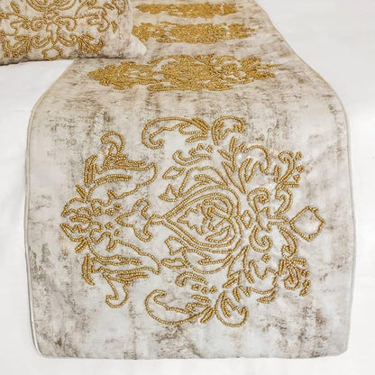 The HomeCentric King/Queen/Twin Ivory & Gold Decorative Queen 74"x18" Bed Runner Without Pillow Cover, Beaded & Foil Bed Scarf on Silk Fabric - Foil Damask Gold