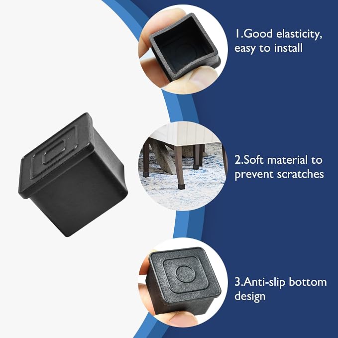 16 Pcs 1" x 1" Square Rubber Chair Leg Caps, PVC Table Leg Covers, Flexible & - Image 4