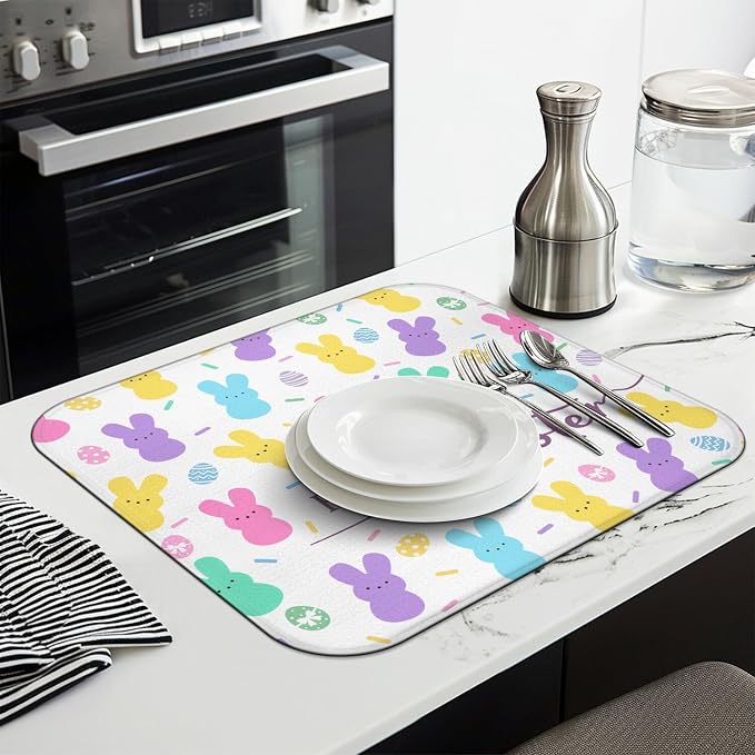 Happy Easter Dish Drying Mat for Kitchen Counter, Cute Bunny Microfiber Drying - Image 3