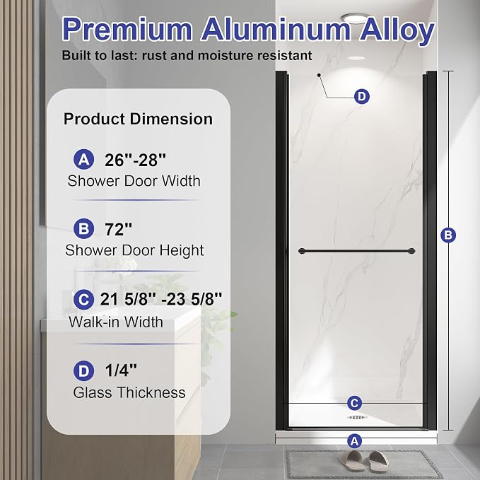 Frameless Pivot Shower Door 26"-28" W x 72" H, Swing Shower Glass Doors - Image 9