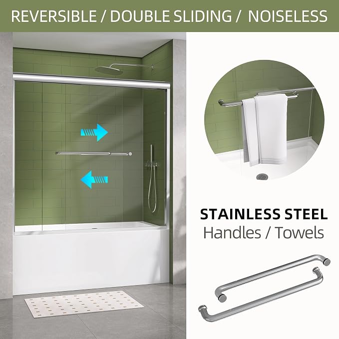 GETPRO Tub Shower Door 56-60 in. W x 58 in. H Semi-Frameless Bypass Double - Image 2
