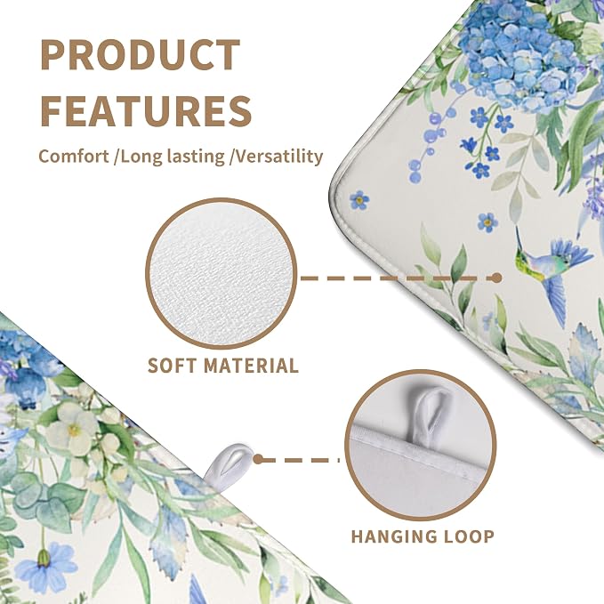 Blue Hydrangea Dish Drying Mat for Kitchen Counter 18 x 24 Inch Spring Floral - Image 3
