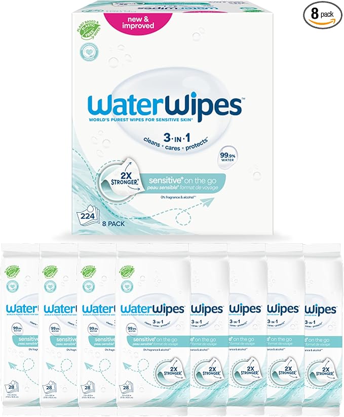 WaterWipes Sensitive+ On The Go Wipes, 3-In-1 Cleans, 99.9% Water, Unscented & by WaterWipes