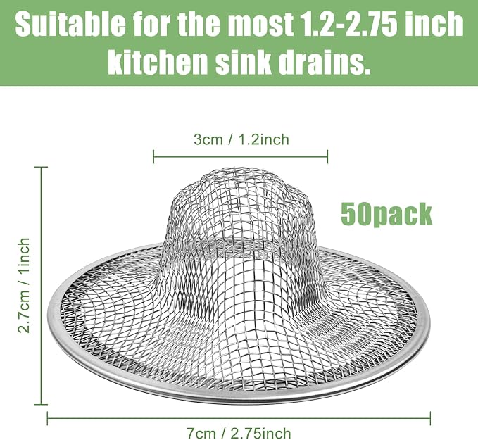 50pcs Mesh Sink Strainer, 2.75" Top/1" Stainless Steel Slop Basket Filter Trap - Image 2